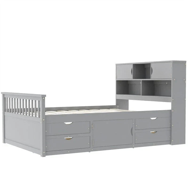 Letto a piattaforma Captain singolo/matrimoniale con 4 cassetti e ripiani contenitori, struttura in legno massello con testiera libreria contenitore