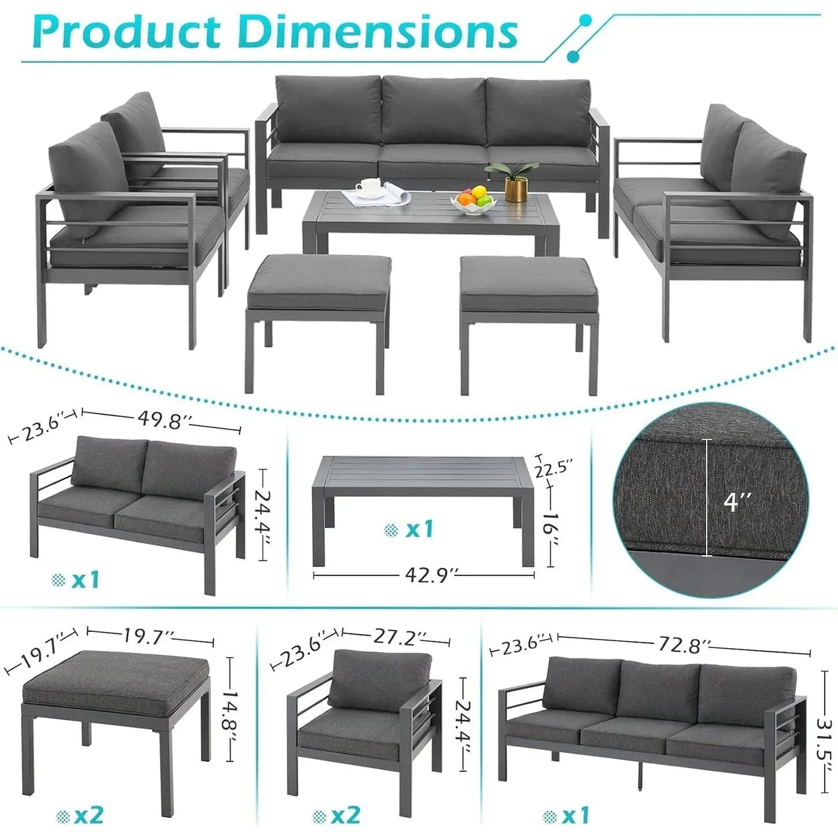 Ensemble de mobilier de jardin en aluminium AECOJOY de 7 pièces, salon de jardin