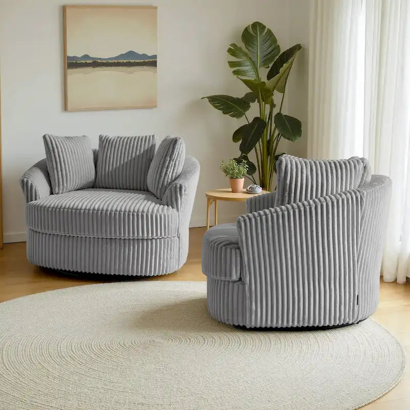 Set da 2 poltrone girevoli a botte oversize da 43 W in morbido velluto a coste con cuscini