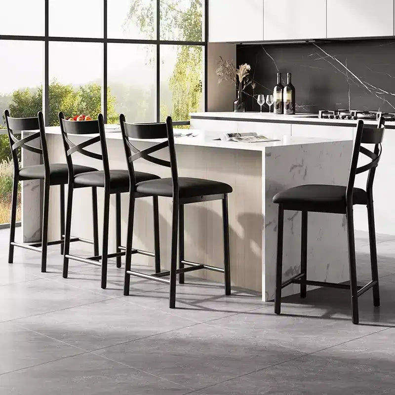 Barhocker, 4er-Set, Barstühle mit PU-Polsterung, Kücheninselstühle mit X-förmiger Rückenlehne und Metallfußstütze, schwarze Stühle in Thekenhöhe