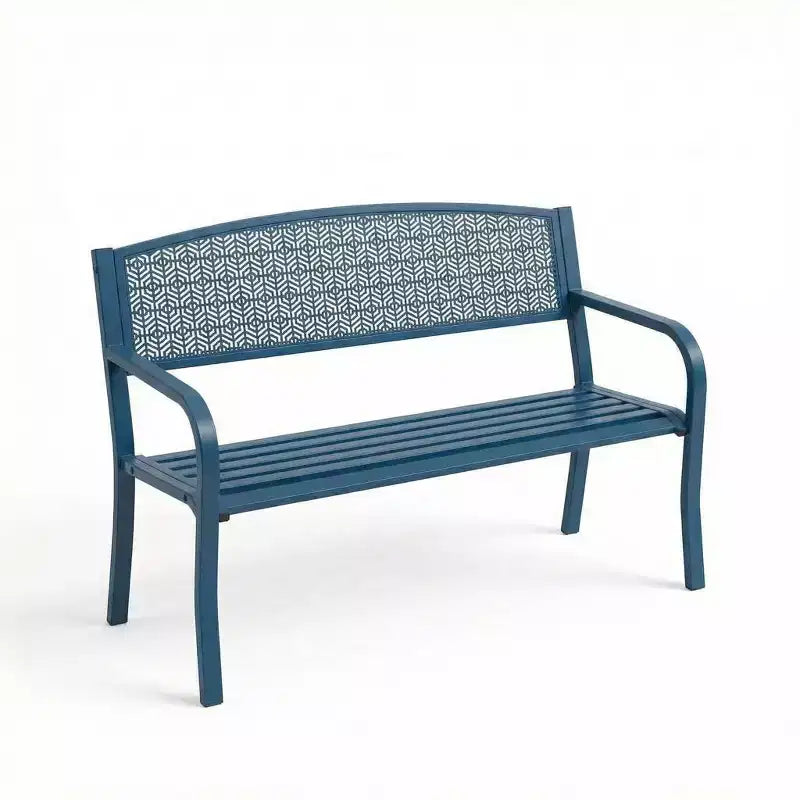 Banc d’extérieur en métal pour 2 personnes, mobilier de jardin en acier avec dossier géométrique pour patio, jardin et véranda