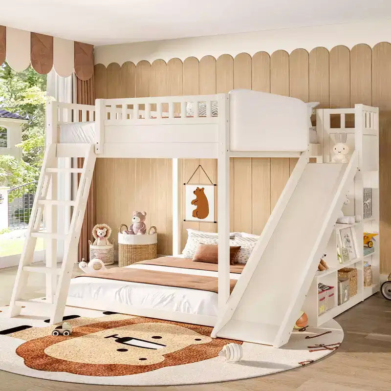 Bellemave-Hochbett mit gepolstertem Kopfteil und Ablageregalen, Hochbettgestell aus Massivholz mit Leiter und Rutsche für Kinder