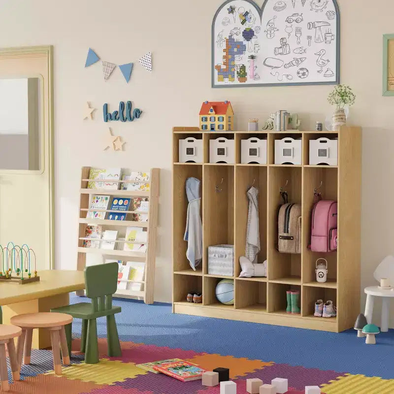 Garderobenschrank für Klassenzimmer mit 5 Fächern und 10 Ablagefächern, Aufbewahrungsorganizer mit 10 Haken für Zuhause, Schule, Kinderkrippe und Kindergarten