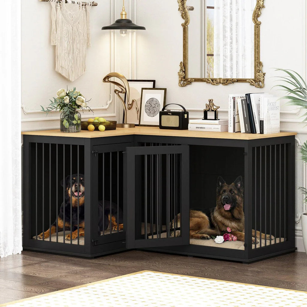 Große Eck-Hundebox als Möbelstück für 2 Hunde, Hundekäfig in L-Form - 58.7X41.1