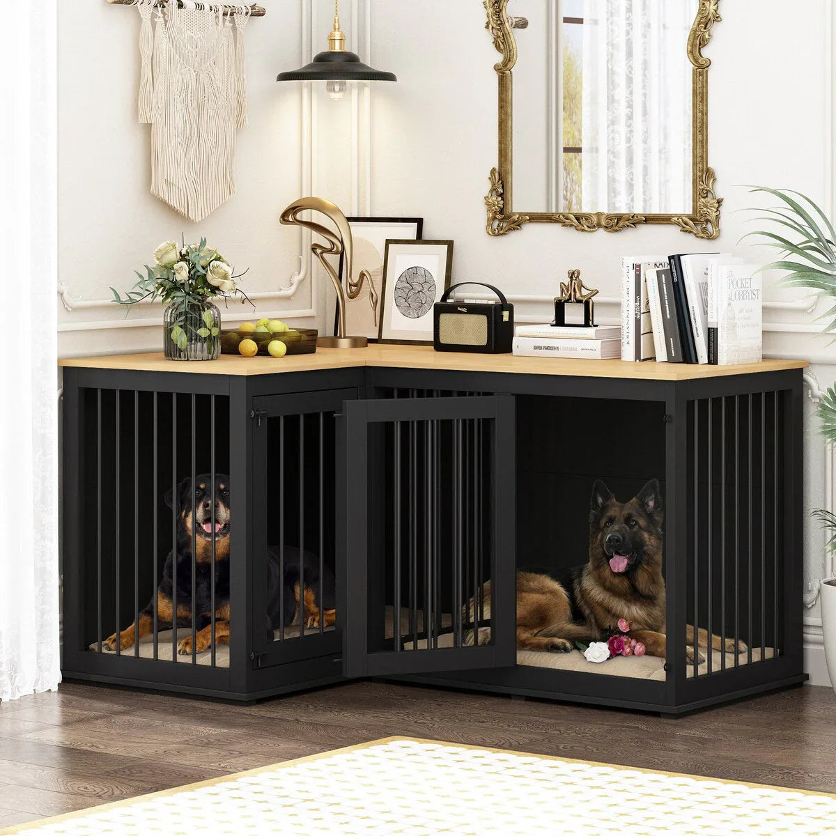 Große Eck-Hundebox als Möbelstück für 2 Hunde, Hundekäfig in L-Form - 58.7X41.1