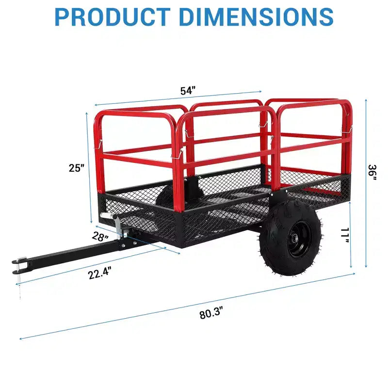 Chariot-benne de jardin, capacité de 1500 lb, remorque tout-terrain robuste en acier de 22 pieds cubes avec 2 roues, chariot extérieur pour tondeuse à gazon, tracteur, VTT et côte à côte