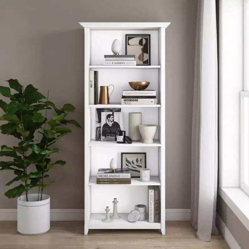 70-Zoll-Bücherregal aus massivem Holz mit fünf Fächern - lackierte Kiefer, 4 verstellbare Einlegeböden