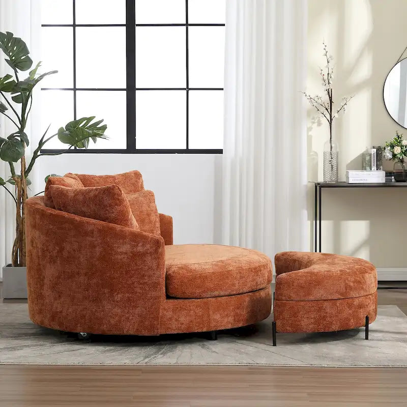 Fauteuil canapé moderne rond de style tonneau avec 5 coussins et pouf en option