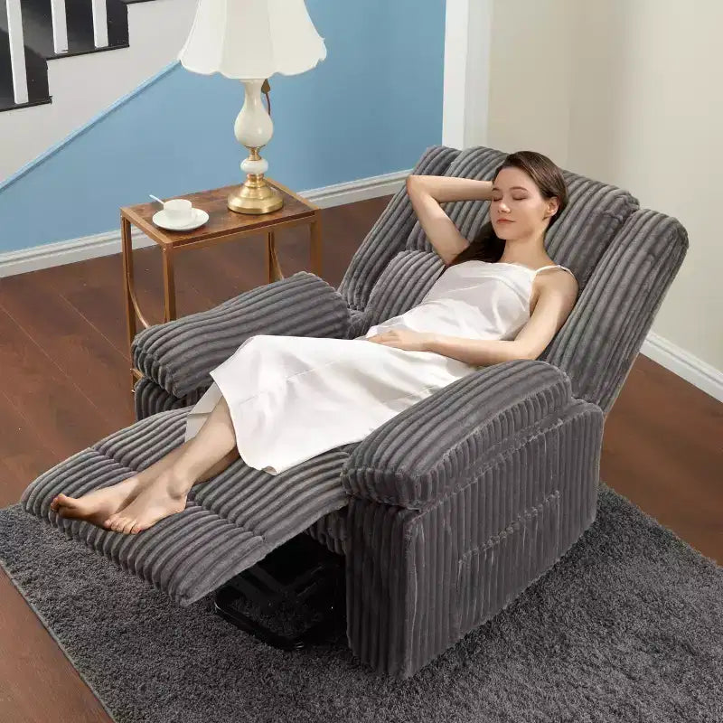 Fauteuil inclinable en velours côtelé, canapé inclinable manuel avec poignée, accoudoirs à plateau rembourré, rembourrage épais, poche latérale, salon, chambre, salle de cinéma maison, gris foncé