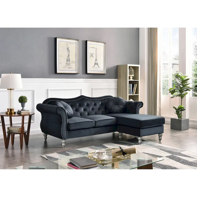 Hollywood-fluwelen bank met omkeerbare chaise longue