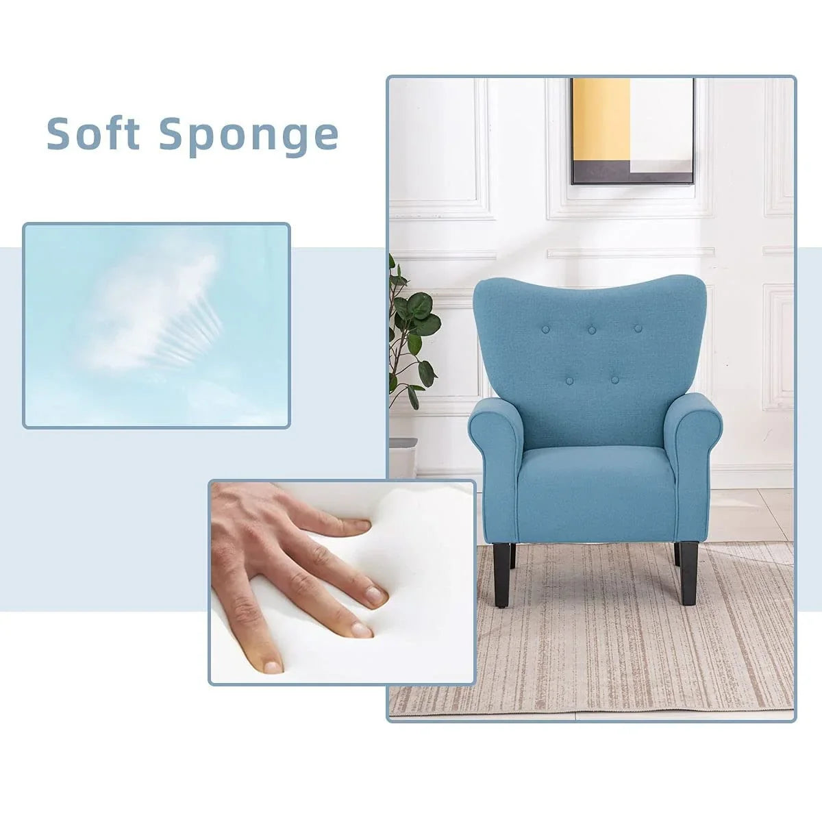 Erommy moderne fauteuil, fauteuil met hoge rugleuning, gestoffeerde eenzitsbank met knopen en houten poten voor de woonkamer