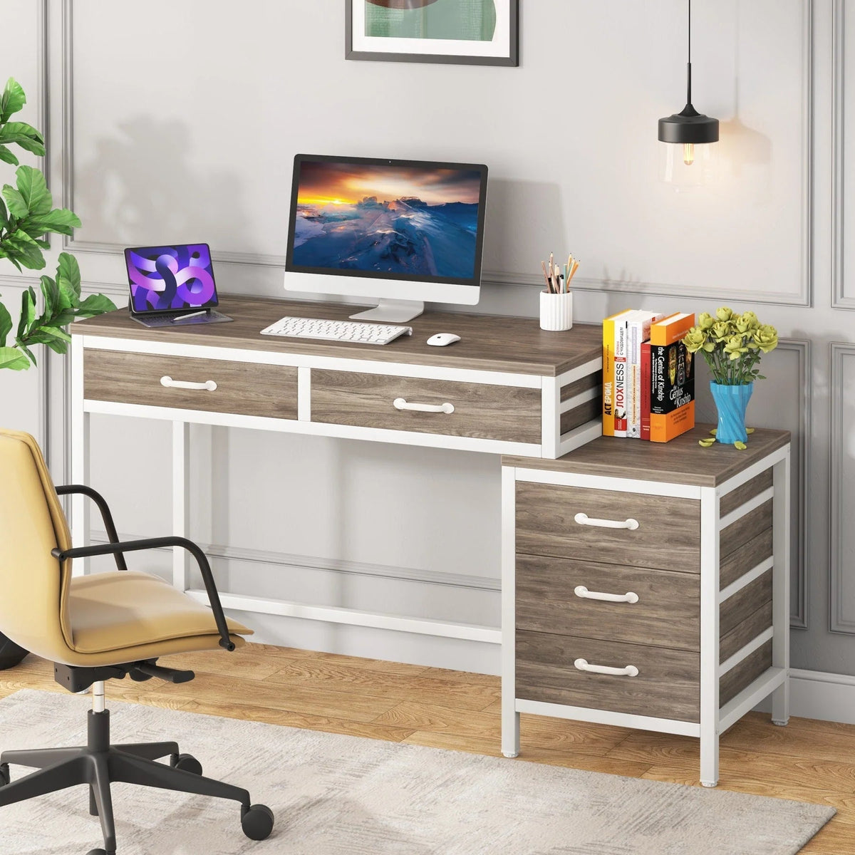 Wendbarer Computerschreibtisch mit 5 Schubladen, Schreibtisch fürs Homeoffice mit Aktenschublade und Druckerständer