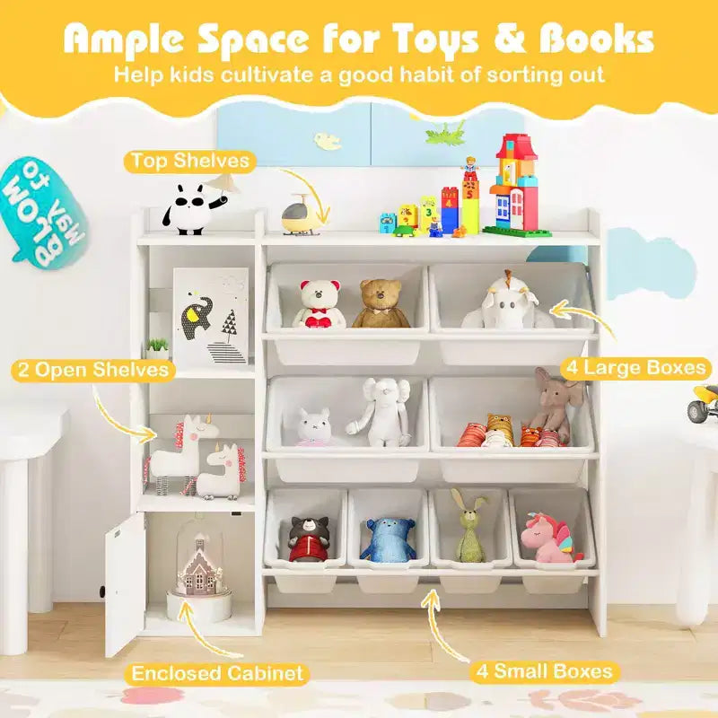Costway Spielzeugaufbewahrung und Bücherregal für Kinder, Bücherregal aus Holz mit 4 kleinen und 4 großen Boxen, Grau/Weiß