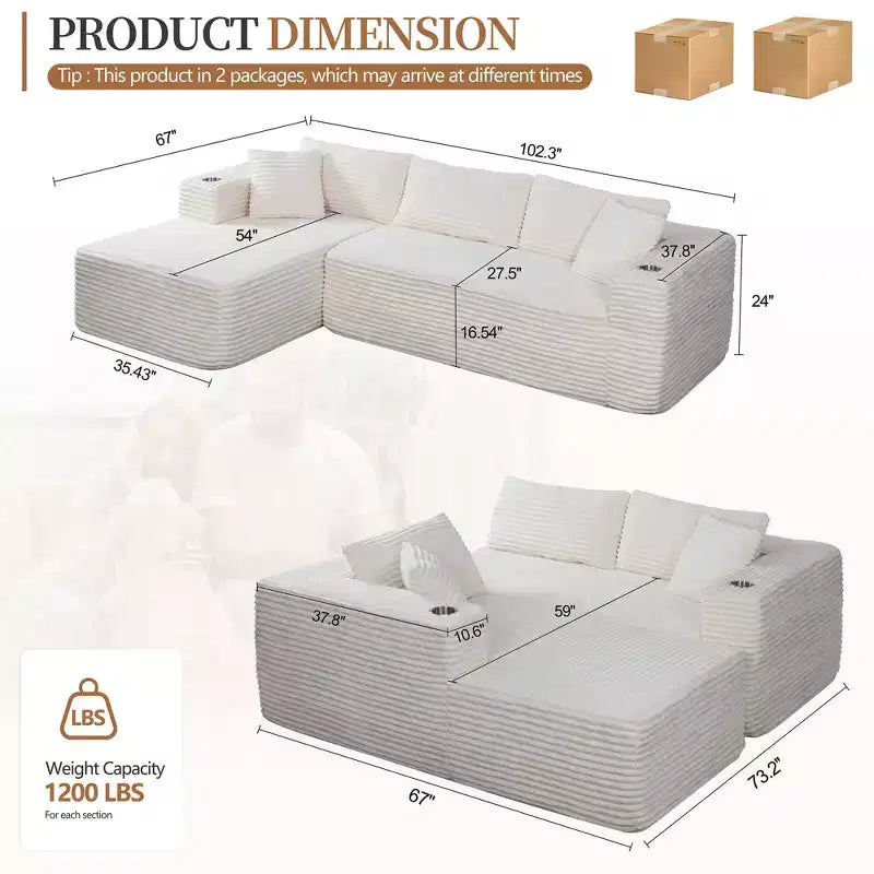 Divano componibile modulare senza struttura Celebalcony 103, chaise longue a forma di L con 2 portabicchieri, divani nuvola in morbido velluto a coste per il soggiorno, senza montaggio