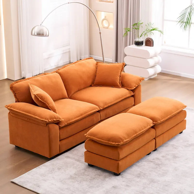 Divano a 2 posti con 2 cuscini, 2 guanciali e 2 pouf, divano comodo - Divano profondo modulare per soggiorno