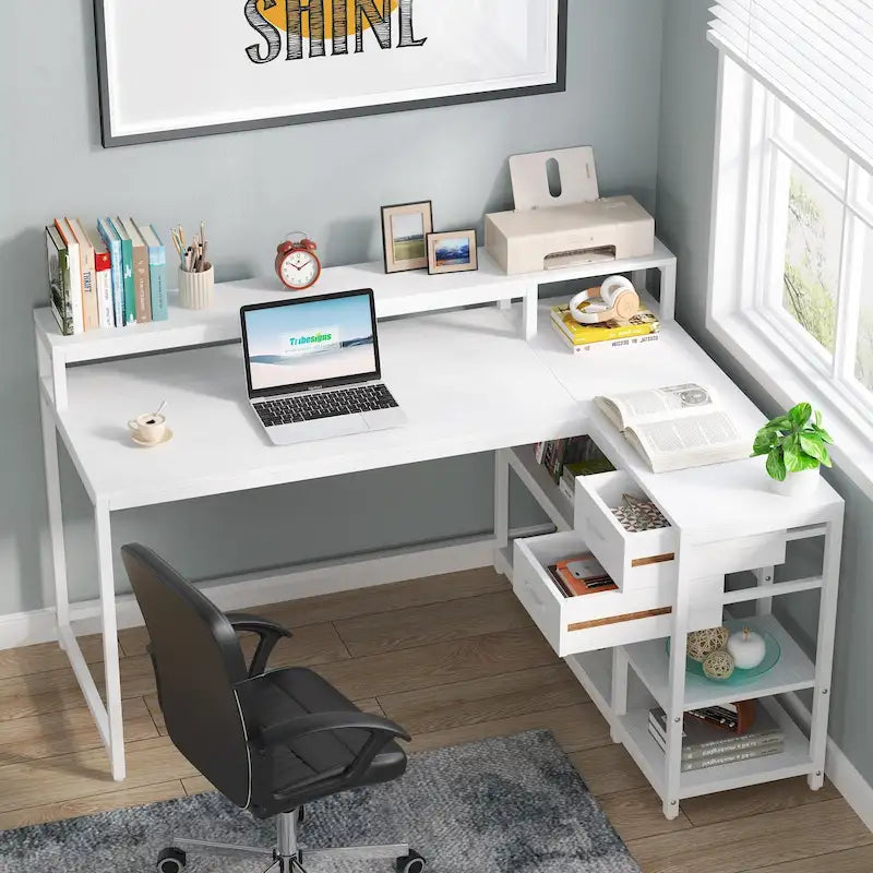 Schreibtisch in L-Form mit Schublade, Eckschreibtisch fürs Homeoffice mit Ablagefächern und Monitorständer, rustikaler PC-Schreibtisch für kleine Räume