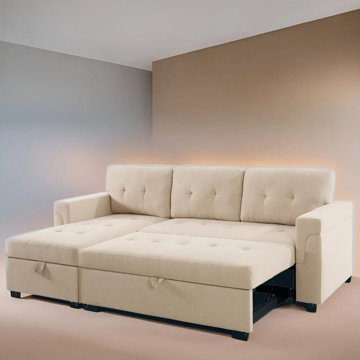 Umbaubares, beidseitig montierbares Ecksofa mit ausziehbarem Schlafbett, verstecktem Stauraum in der Recamiere und robusten Beinen