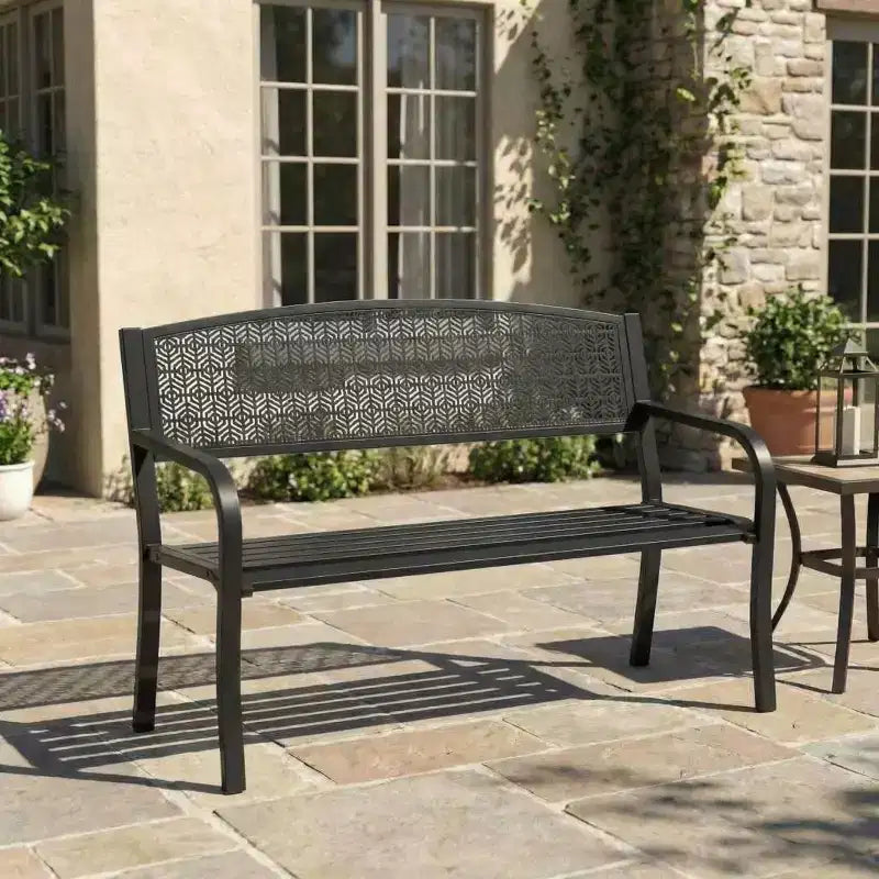 Banc d’extérieur en métal pour 2 personnes, mobilier de jardin en acier avec dossier géométrique pour patio, jardin et véranda