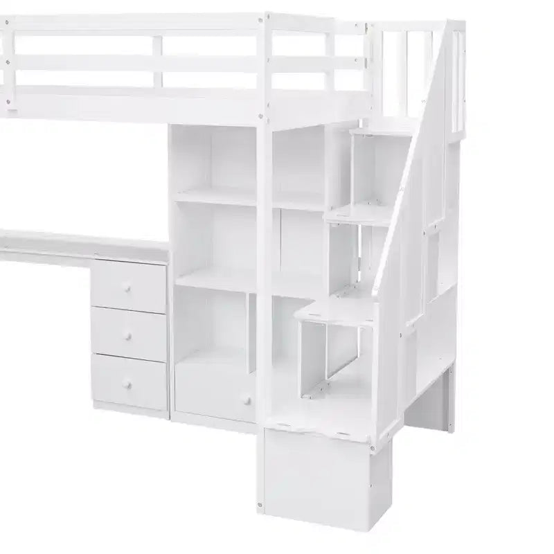 Lit mezzanine simple avec bureau en L, 3 tiroirs, armoire, rangement sous l’escalier, structure en pin massif/MDF