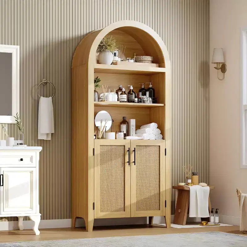Acekool Vorratsschrank mit Rundbogen und Rattantüren, 5-stufiger Aufbewahrungsschrank im Landhausstil für Küche, Esszimmer und Wohnzimmer