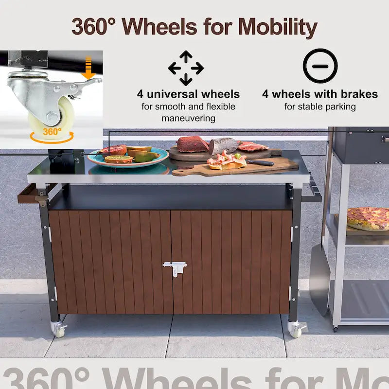 Grillwagen für draußen mit Tischplatte aus Edelstahl (Hocker nicht im Lieferumfang enthalten)