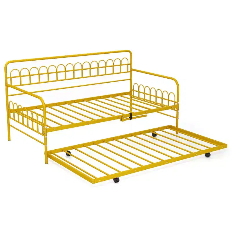 Costway Einzel-Tagesbett mit Ausziehbett, geschwungener Rückenlehne und Armlehnen, robuste Metallstreben, Schwarz/Gold