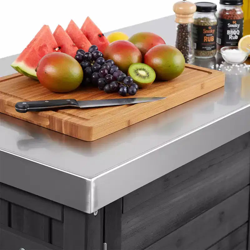 Buitenkeukeneiland van 78.3 inch met roestvrijstalen werkblad, opvouwbaar BBQ-station en opbergkasten, zwart