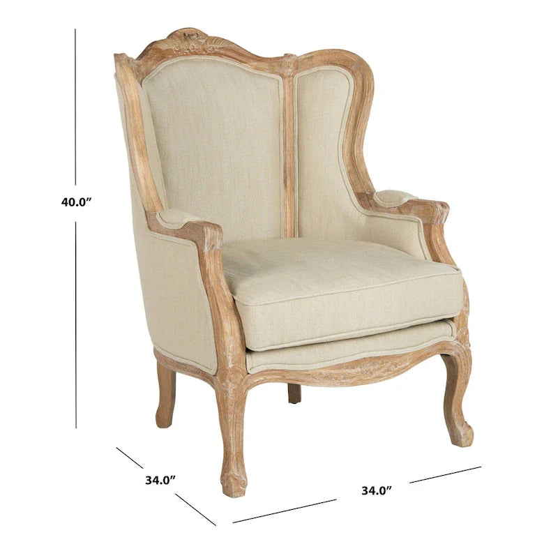 SAFAVIEH Couture Kali-vleugelstoel van eikenhout en natuurlijk linnen - 34Wx34Dx40H