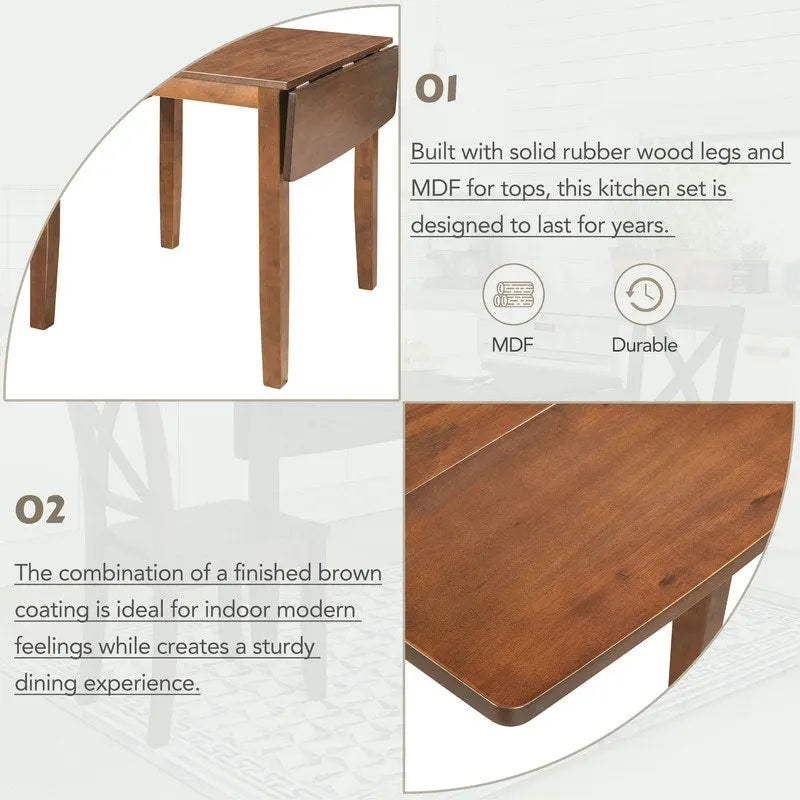 Ensemble de table de petit-déjeuner en bois à abattants, 3 pièces, avec 2 chaises à dossier en X, pour petits espaces