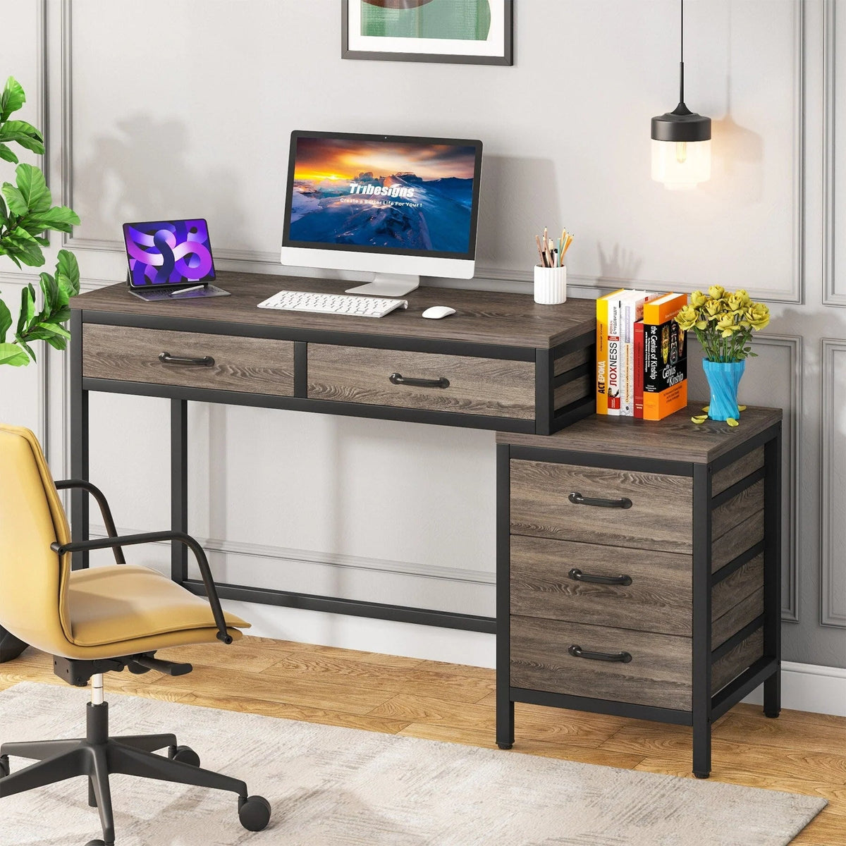 Wendbarer Computerschreibtisch mit 5 Schubladen, Schreibtisch fürs Homeoffice mit Aktenschublade und Druckerständer