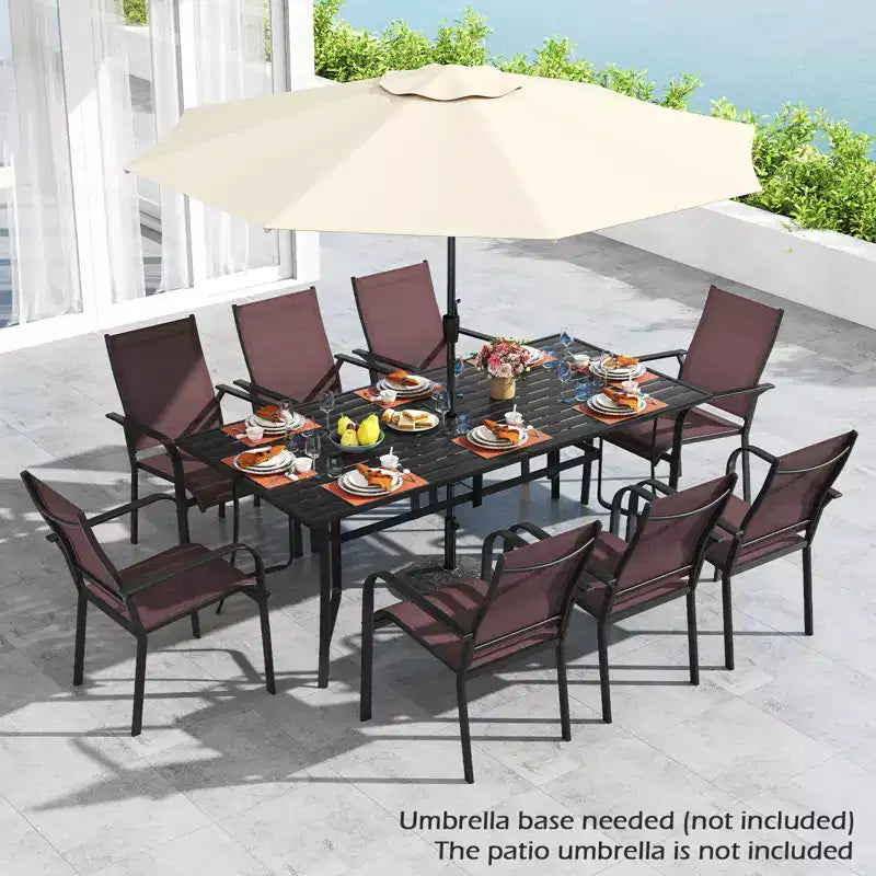 Gymax 9-teiliges Garten-Essset mit rechteckigem Tisch und stapelbaren Stühlen mit Sonnenschirmöffnung