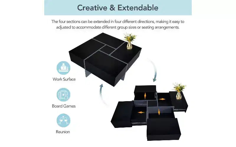 Table basse extensible avec plateau-puzzle et 4 compartiments de rangement cachés