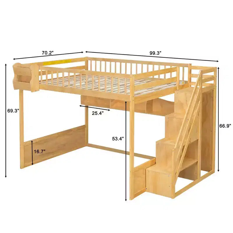 Hoogslaper voor queensize matras met trap, kledingkast en opbergplanken - MDF, 650 lb