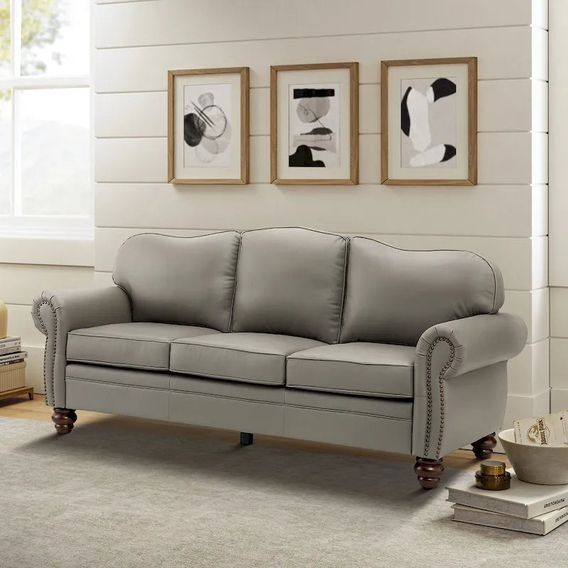Balvino Sofa mit 81 cm Breite, im Übergangsstil, aus echtem Leder, mit gerollten Armlehnen, Nagelkopfbesatz und abnehmbaren Kissen