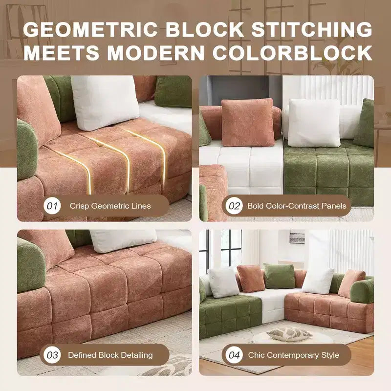 110.23 in. W modulares 4-Sitzer-Chenillesofa im Colorblock-Design mit geschwungenen Armlehnen