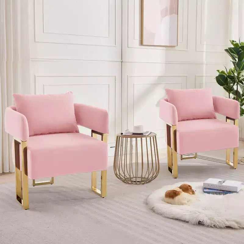 Set van 2 moderne gestoffeerde fauteuils met gouden metalen poten voor woonkamer, slaapkamer of kantoor