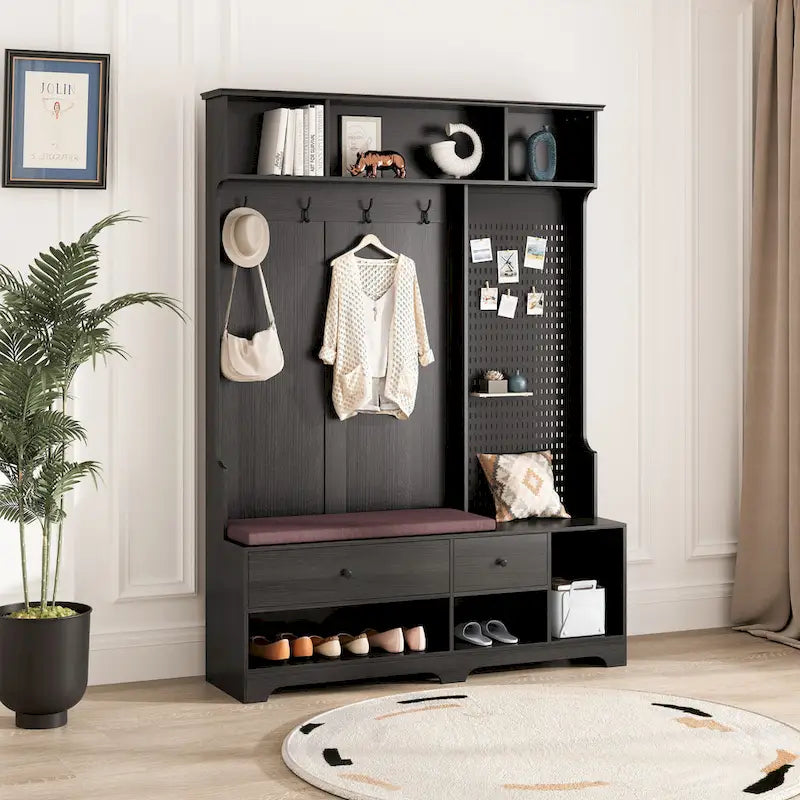 GDFStudio - Appendiabiti multifunzione Finn con panca portascarpe, pannello forato e ampio spazio contenitivo