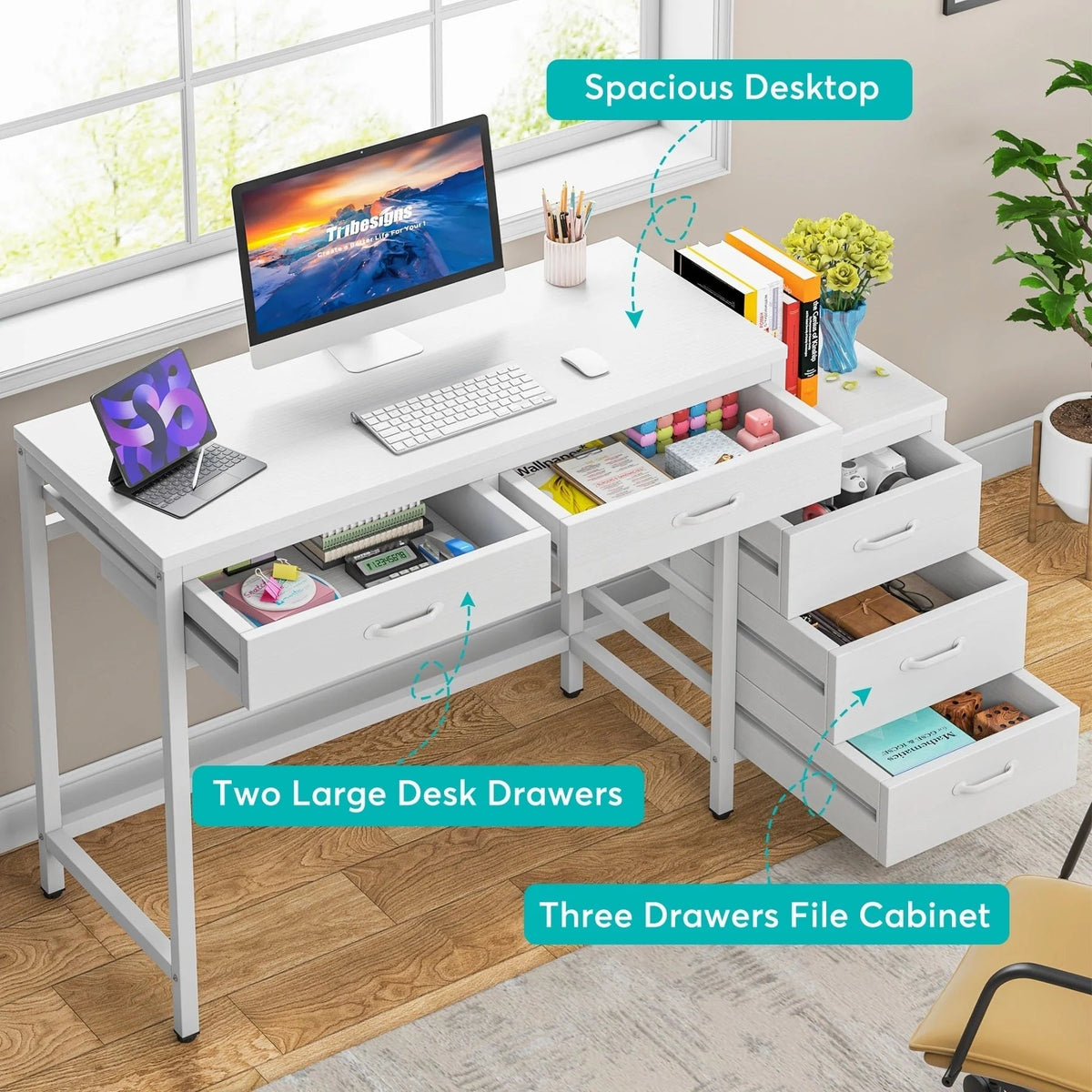 Wendbarer Computerschreibtisch mit 5 Schubladen, Schreibtisch fürs Homeoffice mit Aktenschublade und Druckerständer