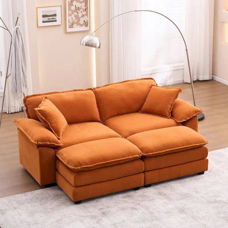 Canapé 2 places avec 2 coussins, 2 oreillers et 2 poufs, confortable - Canapé profond et modulable pour le salon