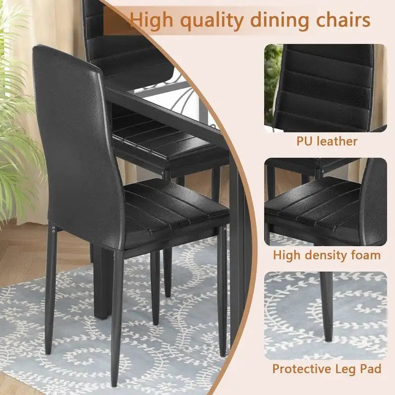 Grondin moderne 7-delige eettafelset met tafelblad van gehard glas en 6 met PU-leer beklede stoelen
