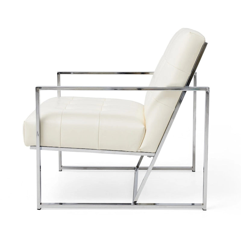 Fauteuil d’appoint Glitzhome crème de style mi-siècle moderne, revêtement en cuir PU capitonné et structure chromée, hauteur de 30.50