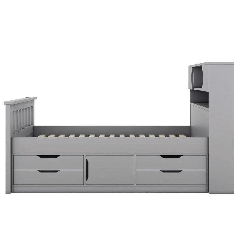 Letto a piattaforma Captain singolo/matrimoniale con 4 cassetti e ripiani contenitori, struttura in legno massello con testiera libreria contenitore