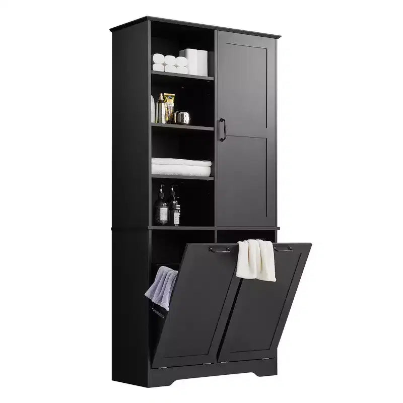 Meuble de rangement pour salle de bains avec portes et tiroirs, panier à linge basculant, nombreux espaces de rangement, modèle autoportant
