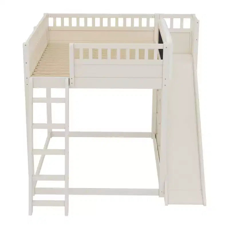 Bellemave-Hochbett mit gepolstertem Kopfteil und Ablageregalen, Hochbettgestell aus Massivholz mit Leiter und Rutsche für Kinder