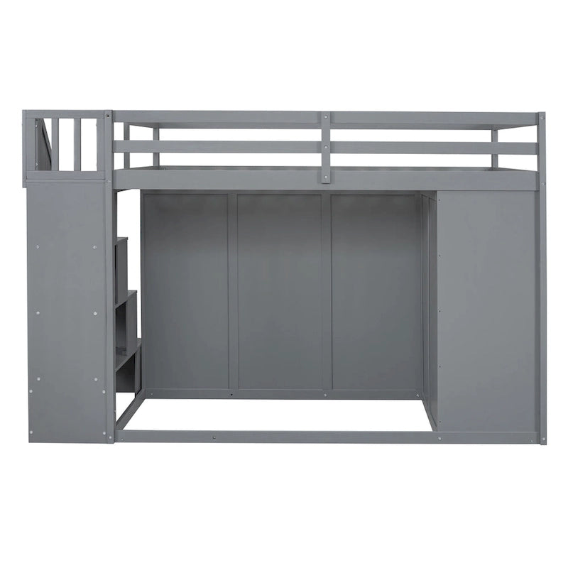 Graues Hochbett aus Massivholz mit Kleiderschränken, Schubladen und Treppe mit Stauraum