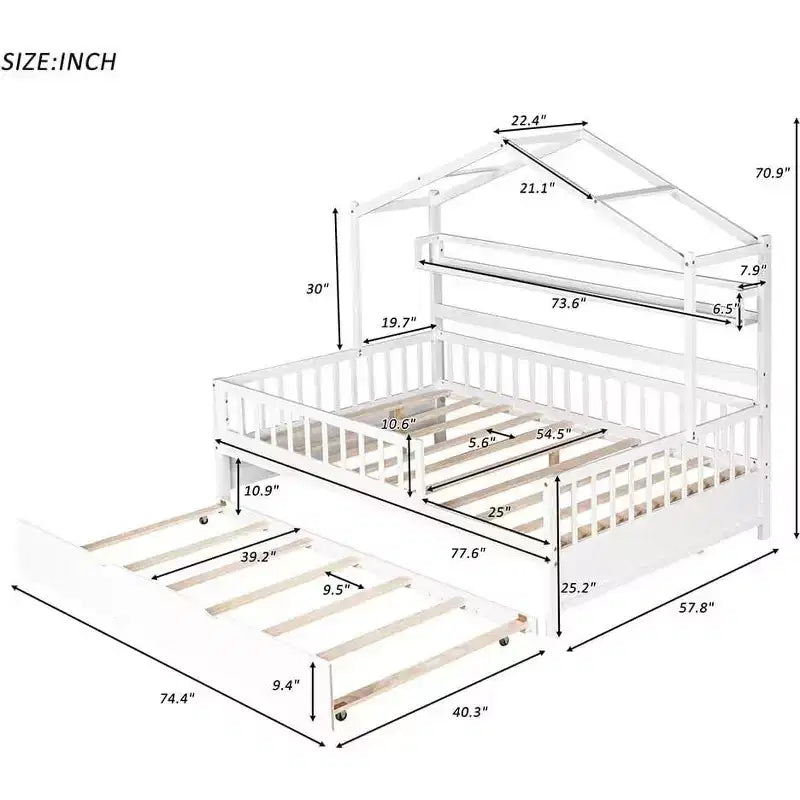 Lit cabane Acekool pour lit double avec lit gigogne simple, tiroirs de rangement et étagères, toit et barrières, lit plateforme pour enfants, blanc
