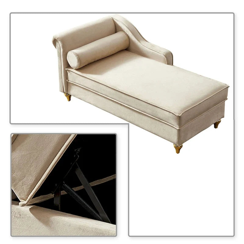 Méridienne élégante de style français en velours avec rangement et coussin