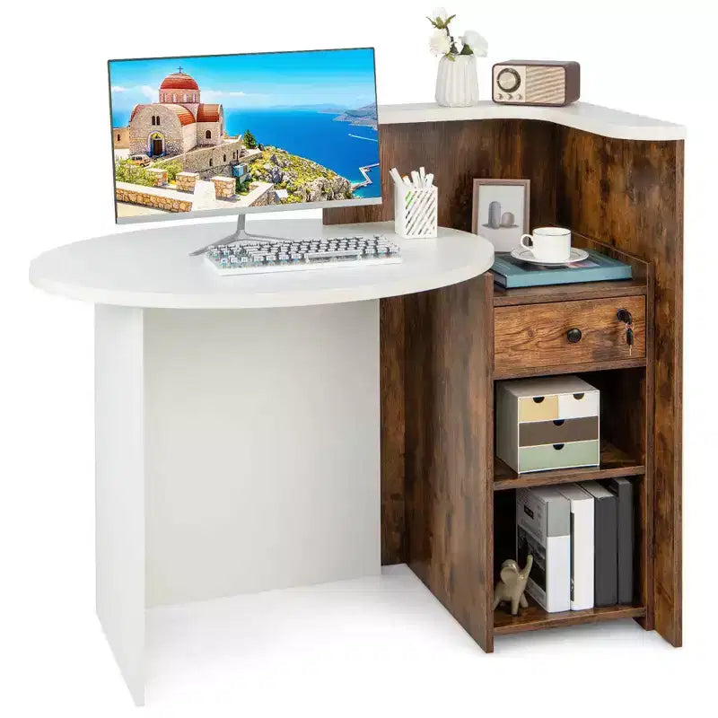 Costway Front Reception Counter Desk Checkout Office Desk with Open Shelf & Lockable Drawer White/Brown/Black