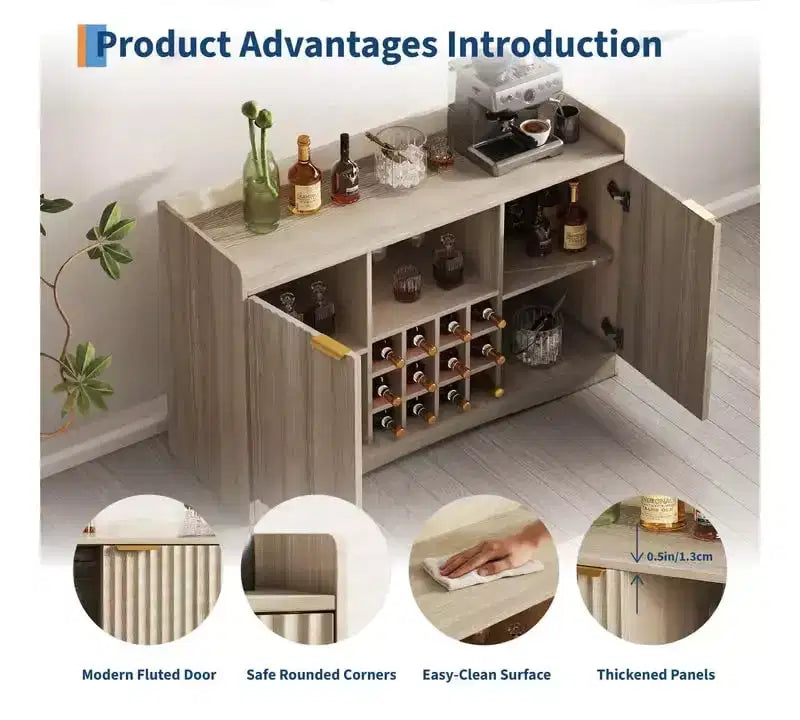 Moderne Weinbar-Kommode, 47, mit 9 Glashaltern, 12 Weinregalen, geriffeltem Design und 2 Türen, Sideboard mit Stauraum für Ess- und Wohnzimmer
