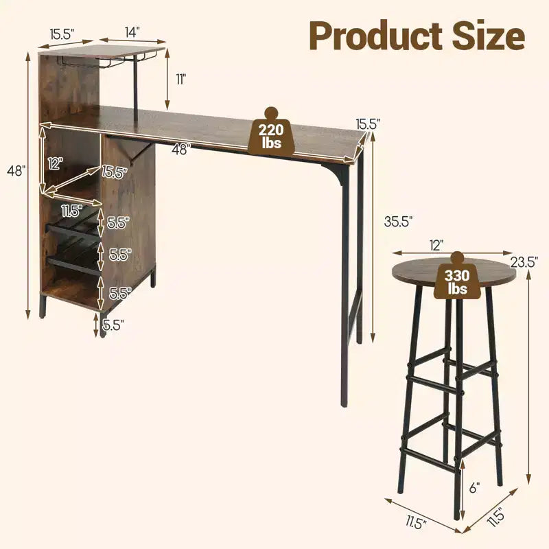 Costway barta felset van 3 stuks, industriële bartafel en krukken met wijnflessenrek, bruin/eik